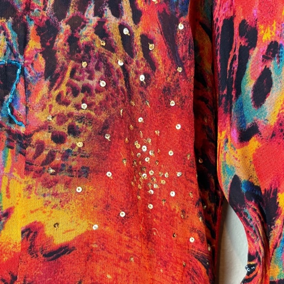 Chico's Design Vintage Rust/Orange/Blue Sheer Duster Mixed Animal Print; Size 3 - Picture 8 of 15